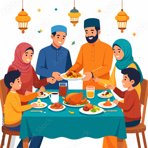 A happy Muslim family is depicted sharing a meal together at a festive gathering during Ramadan, as traditional lanterns hang above, symbolizing unity and celebration.
