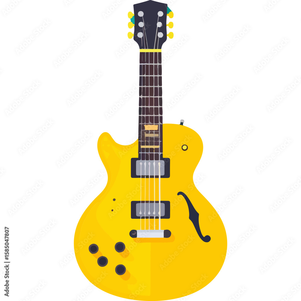 Naklejka premium Bright yellow semi-hollow body electric guitar illustration, perfect for adding a touch of musical charm to any project, design, or musical context.