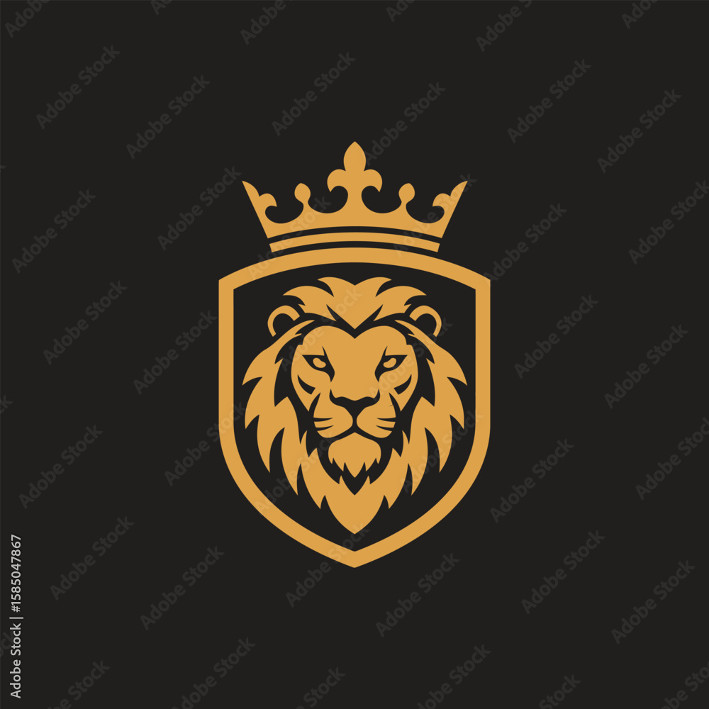 Fototapeta premium Detailed lion head in golden crest, symbolizing royalty, power, and leadership
