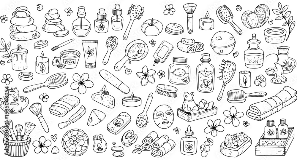 Detailed Hand-Drawn Spa  Beauty Essentials: Wellness, Self-Care  Relaxation Doodle Collection