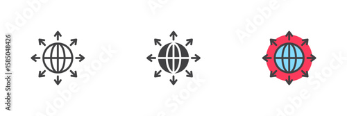 Global expansion icon set in line, solid and filled outline style