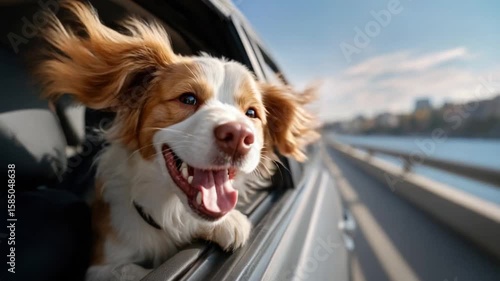 Joyful Canine Road Trip: A happy canine, ears flapping in the wind, embodies the freedom and adventure of a road trip, radiating pure joy with its beaming smile and a panoramic coastal backdrop. 