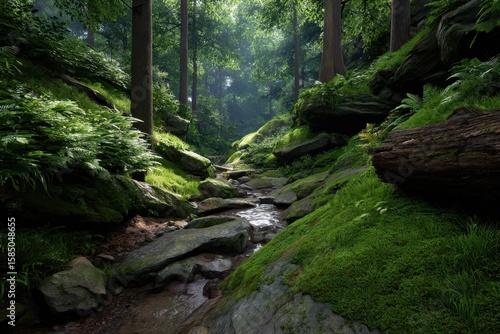 Sunlit forest stream winding through mossy rocks and lush green foliage creating a serene natural landscape