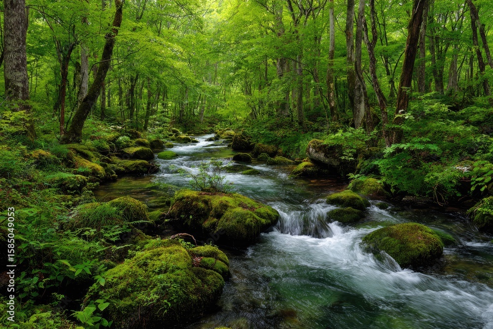 Lush green forest with a crystal-clear stream flowing smoothly over moss-covered rocks, sunlight dappling through the canopy Lush green forest with a crystal-clear stream flowing smoothly over moss-covered rocks, sunlight dappling through the canopy