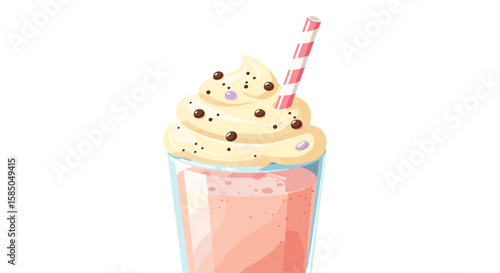 Milkshake with whipped cream and straw in glass