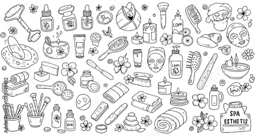 Hand-drawn Spa and Beauty Essentials Collection: Skincare Products, Tools  Relaxation Items