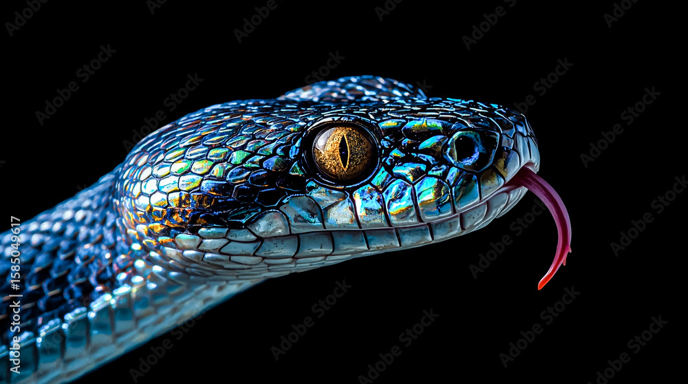 Fototapeta premium A mesmerizing macro view of a blue snakes head revealing iridescent scales and a flickering tongue on black