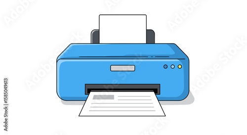 Blue printer printing document on white background