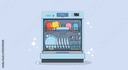 Dishwasher with clean dishes and colorful cups