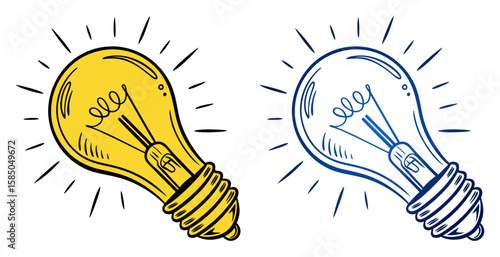 Light bulb drawing in two design variants - outline and two-color, isolated vector image of yellow and blue light bulbs with outlines, set 