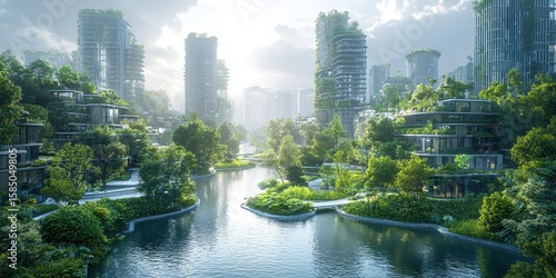 Fototapeta Naklejka Na Ścianę i Meble -  A futuristic city center with a canal flowing through, featuring green architecture and sustainability in urban planning.