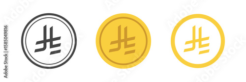 Saudi Arabian riyal coin symbol set. Includes monochrome, solid gold, and flat gold versions. Vector illustration