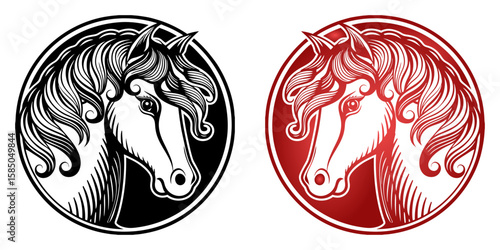 Horse head in two design variants, black and red, isolated vector image on transparent background, set
