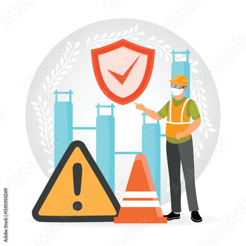 Workplace Safety. Construction Worker Highlighting Safety Measures with Warning Signs and Shield.