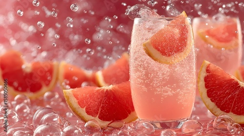 Refreshing pink grapefruit drink with citrus slices and bubbles in a vibrant setting.