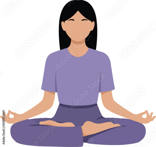 A woman practices meditation in a comfortable and focused pose. Transparent png vector isolated