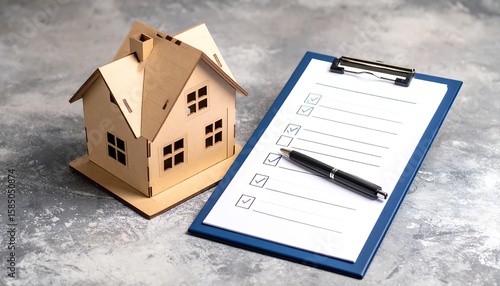 House model and checklist on a textured surface