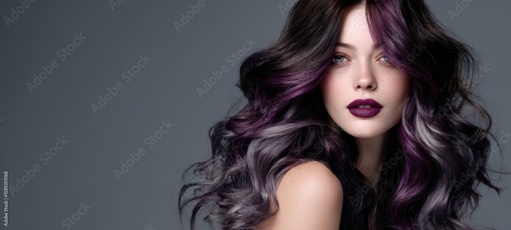 Naklejka premium The stunning model showcases vibrant purple hair and glamorous makeup.
