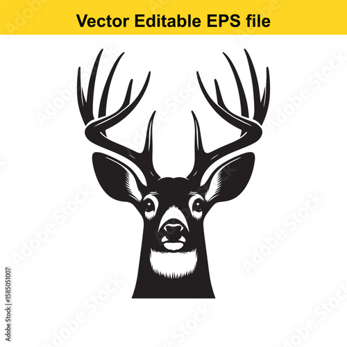 Deer head silhouette with large antlers isolated on white