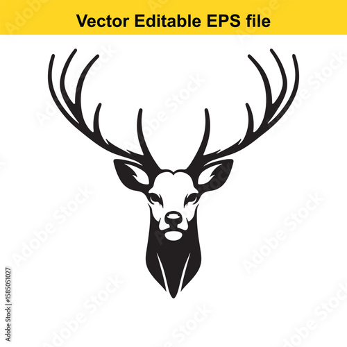 Deer head silhouette with large antlers isolated on white