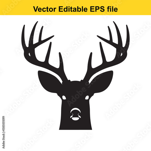 Deer head silhouette with antlers isolated on white background