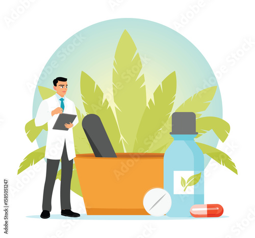 Homeopathy. Scientist Reviewing Herbal Medicine with Natural Ingredients.