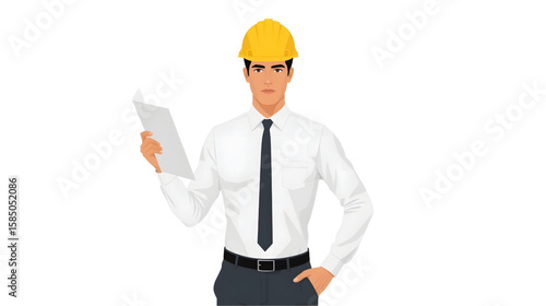 Illustration of a male construction manager wearing a white shirt, tie, and yellow hard hat while holding a document, representing professionalism and site supervision.