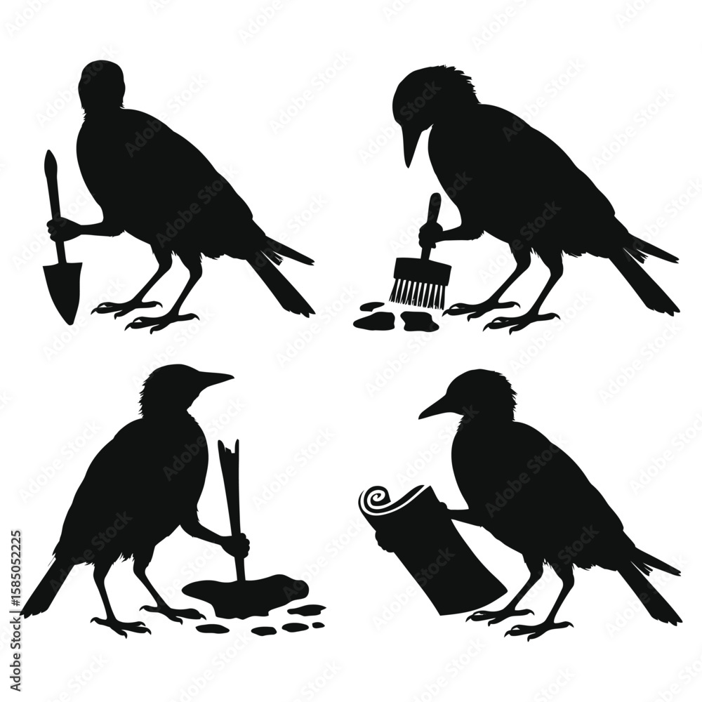 Fototapeta premium Collection of bird silhouettes including ravens, eagles, and doves in flight and on branches, perfect for nature and wildlife illustrations