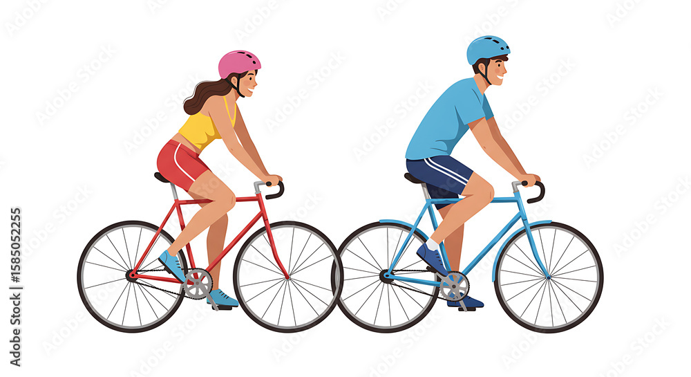 Fototapeta premium Two smiling people are cycling together, showcasing a healthy lifestyle and outdoor activity with vibrant colors against a clean white background.