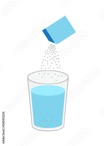 Sachet powder with painkiller medicine is poured into a glass stock illustration