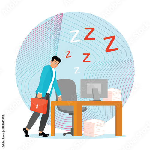 Sleep Deprivation. Tired and Sleepy Businessman Walks Towards Desk in Office.