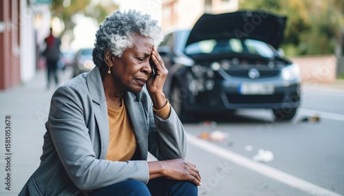 Old black woman worried despair sad of car accident