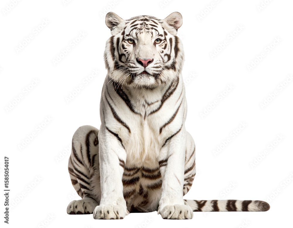 Fototapeta premium White Tiger Sitting in Alert Posture, isolated on transparent background PNG