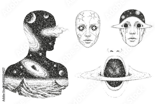 Cosmic Surrealism Dotwork Illustrations Set with Stipple effect. 