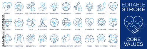 Core value icons, such as trust, handshake, goal, mission, strategic and more. Editable stroke. Change to any size and any color.