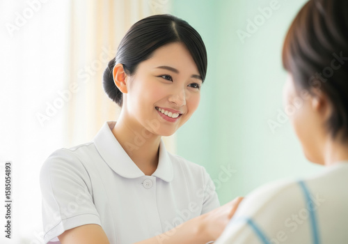 優しい眼差しで患者に寄り添い、白衣姿で微笑む日本人女性看護師
