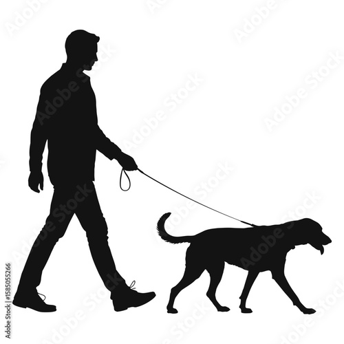 Black vector silhouette of a person walking a dog