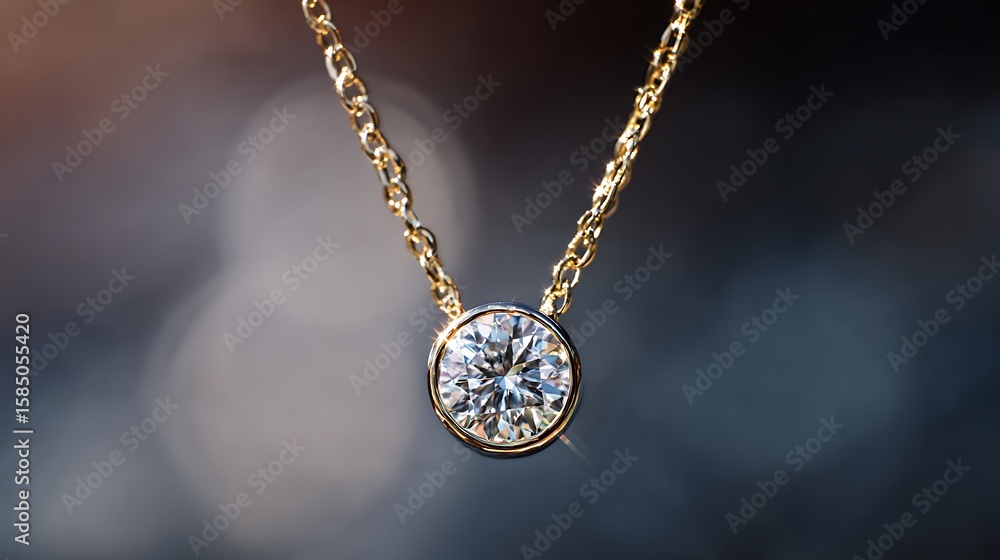 Fototapeta premium A bezel-set diamond necklace isolated, the gemstone glowing with perfect clarity and light reflection diamond necklace, gemstone, clarity .