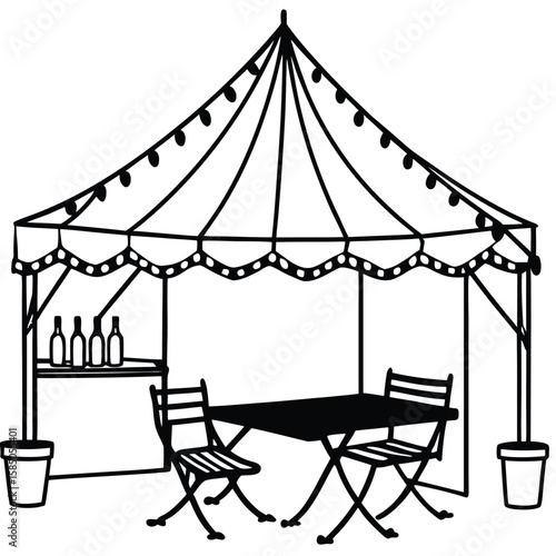 Vector art of an outdoor market tent with tables and chairs