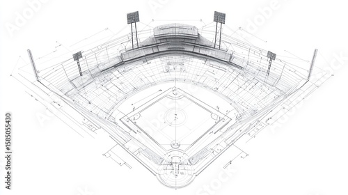 Detailed blueprint of a baseball stadium, showing dimensions and structure