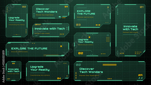Futuristic hud vector graphics with green retro colors. Set of abstract geometric shapes and user interface elements for technology design.
