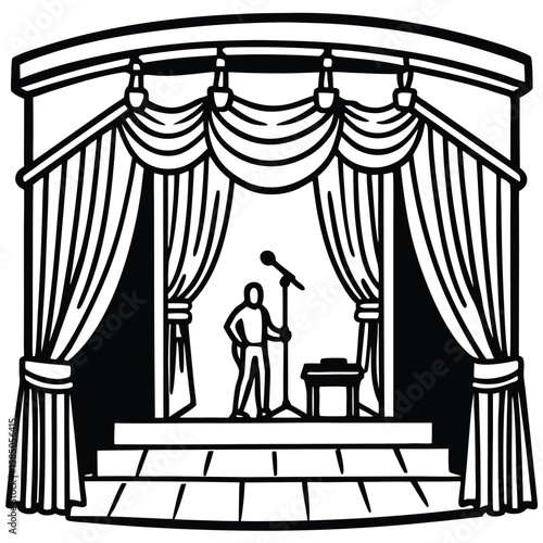 Vector art of a performer stands on a stage with curtains and a microphone