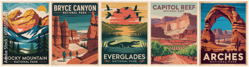 Retro mid-century modern travel posters set featuring iconic US National Parks: Bryce Canyon, Rocky Mountains, Capitol Reef, Everglades, and Arches with bold shapes and vibrant color