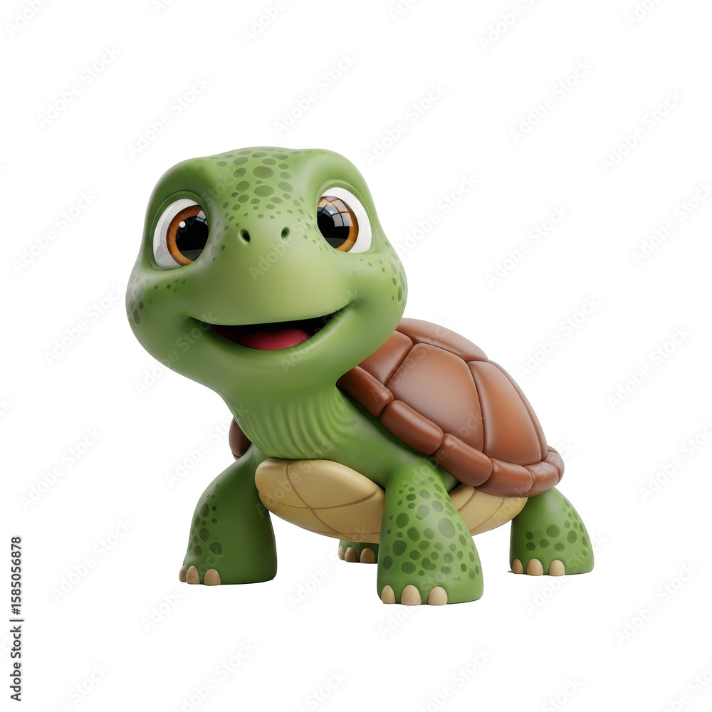 Fototapeta premium Adorable Cartoon Turtle with a Warm Smile, A Charming 3D Render of a Cheerful Green Turtle Perfect for Children's Content