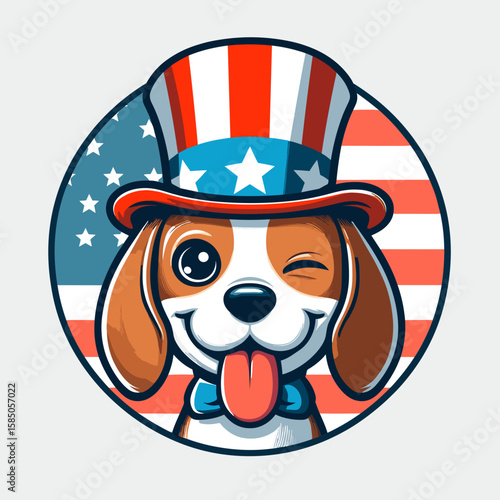 Beagle Dog. Independence Day 4th of July American Flag Cute Cartoon Mascot Clipart Line Art Vector Illustration. Canine breed scent hound small purebred animal family pet domestic friend.