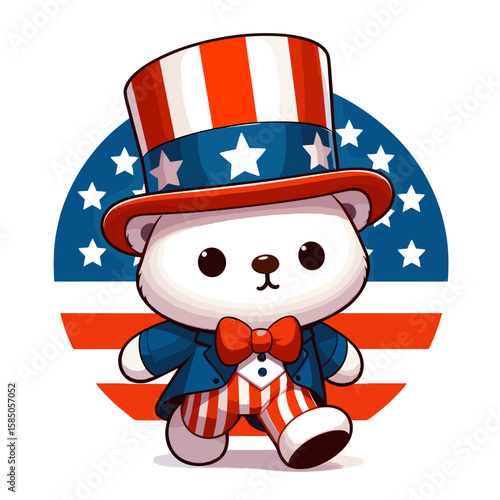 Bear. Independence Day 4th of July American Flag Cute Cartoon Mascot Clipart Line Art Vector Illustration. Big mammal wild creature search relating grizzly panda polar cub wildlife.