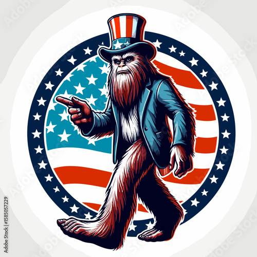 Bigfoot039. Independence Day 4th of July American Flag Cute Cartoon Mascot Clipart Line Art Vector Illustration. Mystery creature sighting explore strange primate legends cryptozoology.