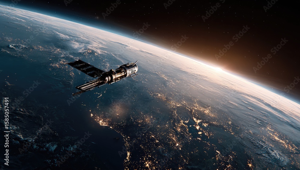 Fototapeta premium Spacecraft orbiting Earth, sunrise illuminating the planet's curvature; city lights visible below, stars in the dark background