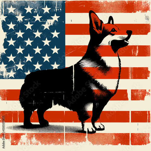 Corgi Dog. Independence Day 4th of July American Flag Cute Cartoon Mascot Clipart Line Art Vector Illustration. Lovable welsh breed small canine friend short legged pet for adoption.