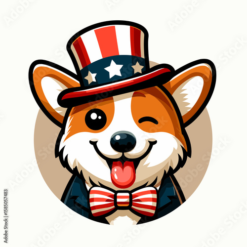 Corgi Dog. Independence Day 4th of July American Flag Cute Cartoon Mascot Clipart Line Art Vector Illustration. Short legged canine breed info welsh herding hound characteristic.